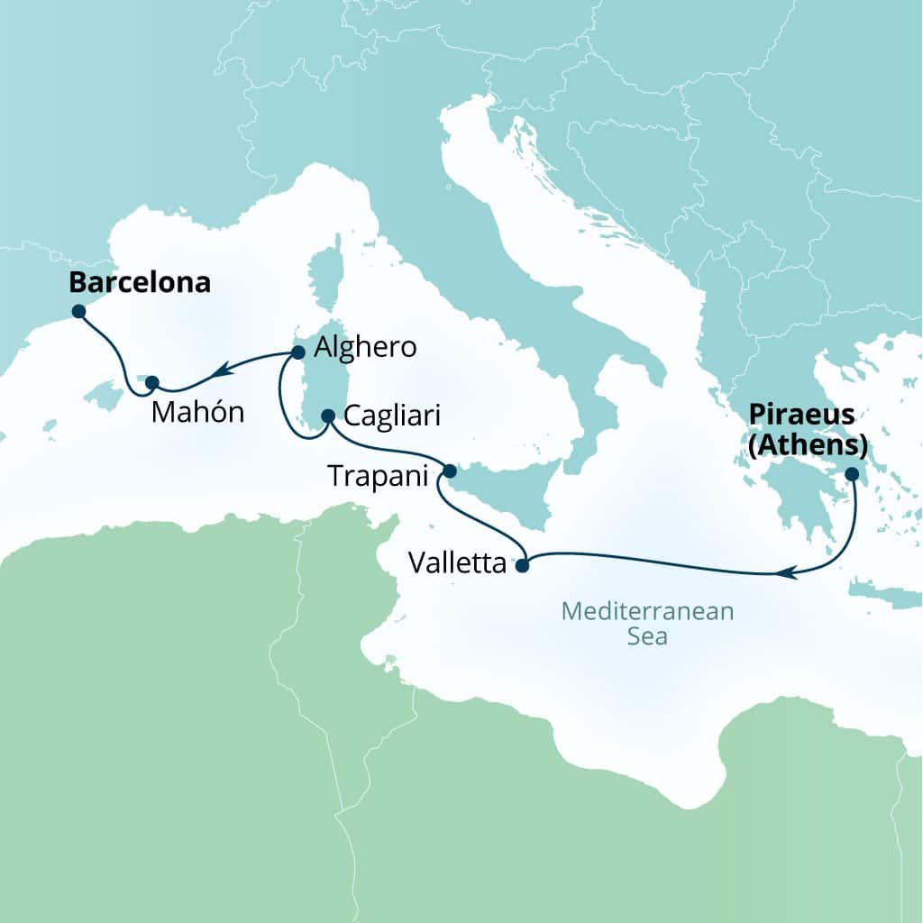 Carte de l’itinéraire Seabourn Ovation, Le Pirée (Athènes), Grèce → Barcelone, Espagne
