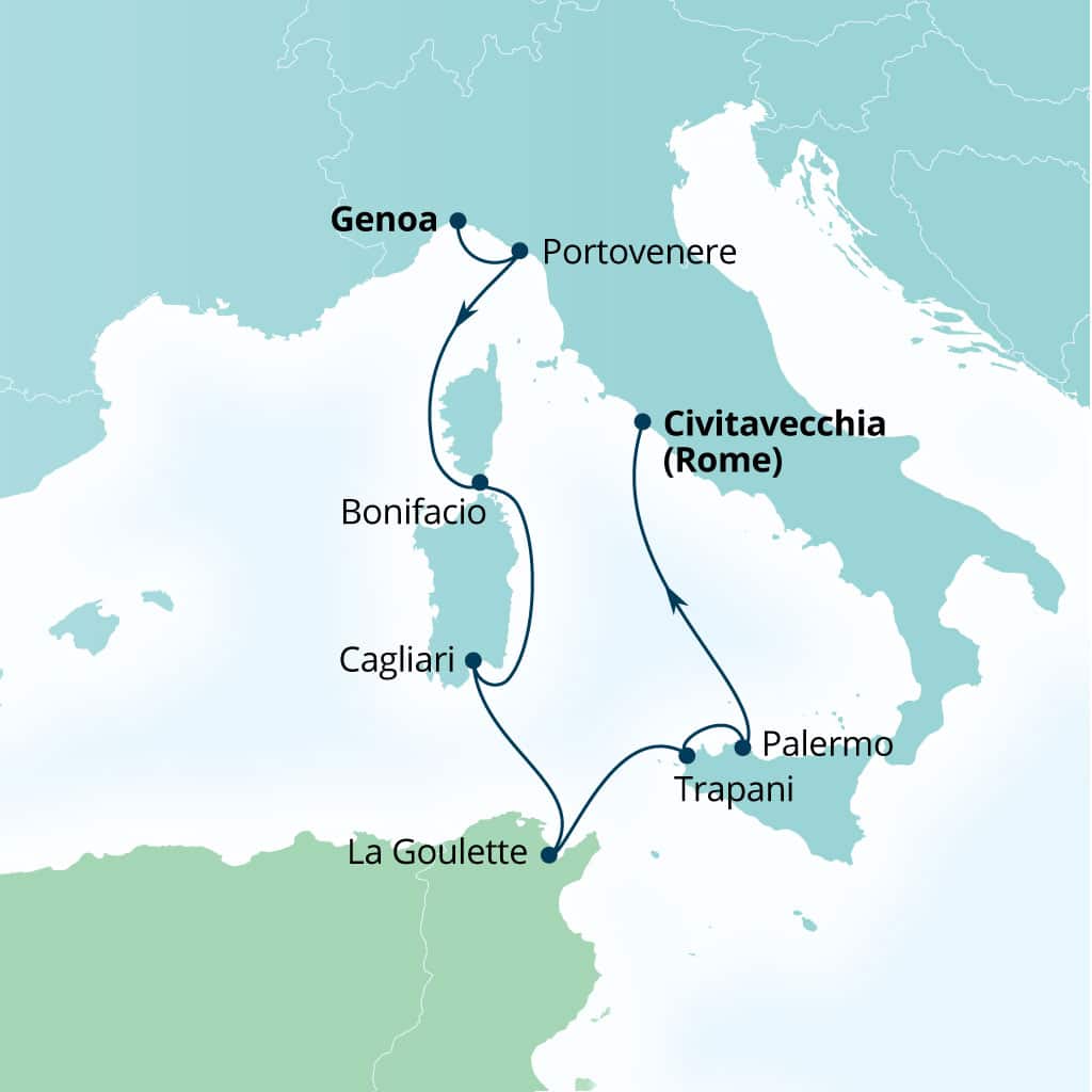 Carte de l’itinéraire Seabourn Ovation, Gênes, Italie → Civitavecchia (Rome), Italie
