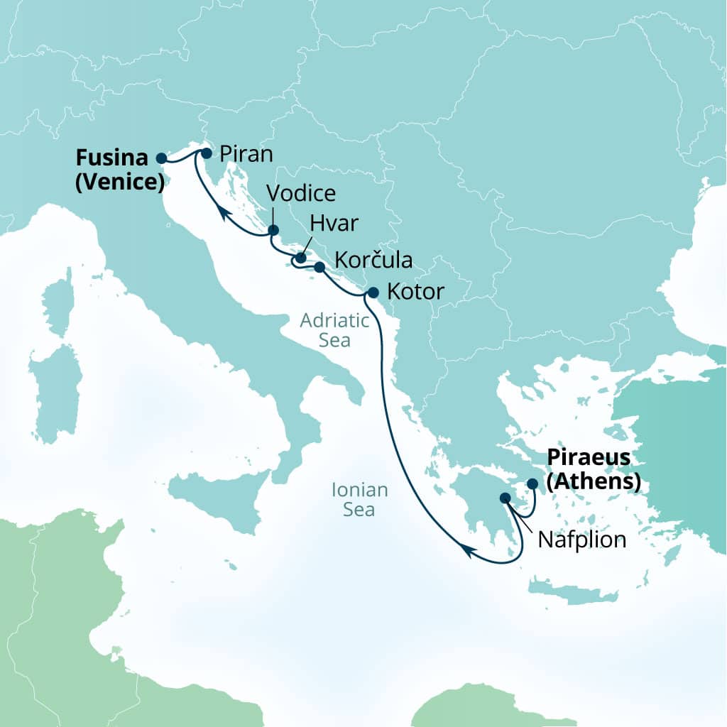 Carte de l’itinéraire Seabourn Ovation, Le Pirée (Athènes), Grèce → Fusina (Venise), Italie