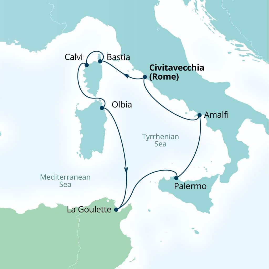 Carte de l’itinéraire Seabourn Ovation, Civitavecchia (Rome), Italie → Civitavecchia (Rome), Italie