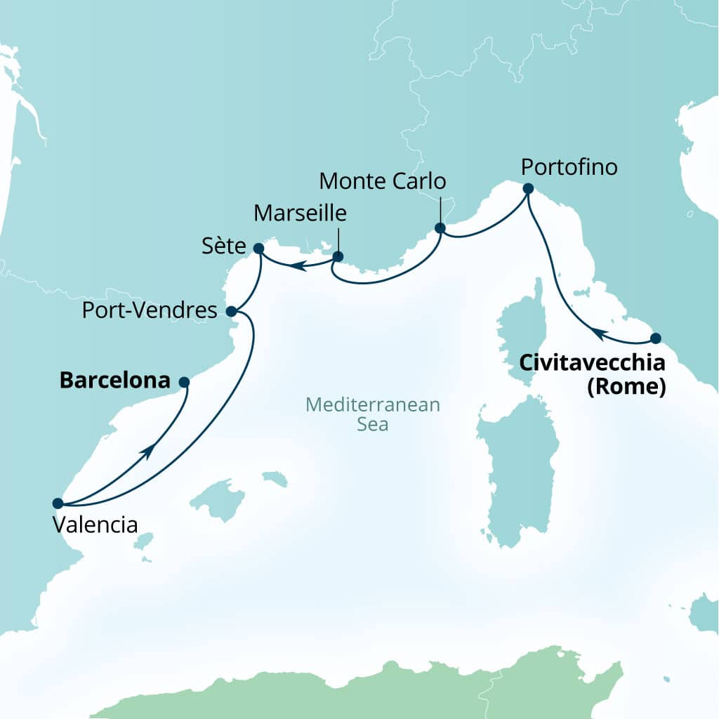 Carte de l’itinéraire Seabourn Ovation, Civitavecchia (Rome), Italie → Barcelone, Espagne