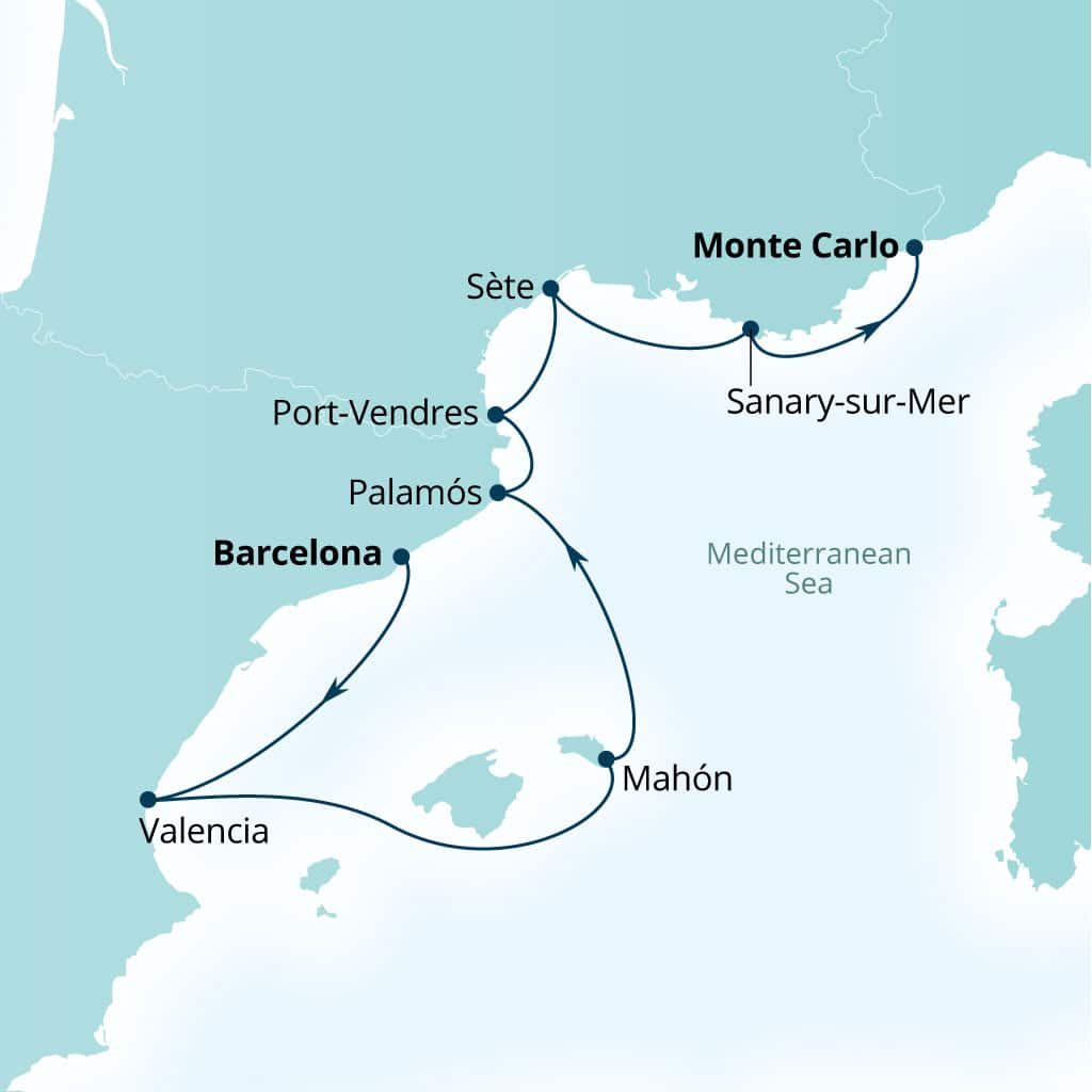 Carte de l’itinéraire Seabourn Ovation, Barcelone, Espagne → Monte Carlo, Monaco