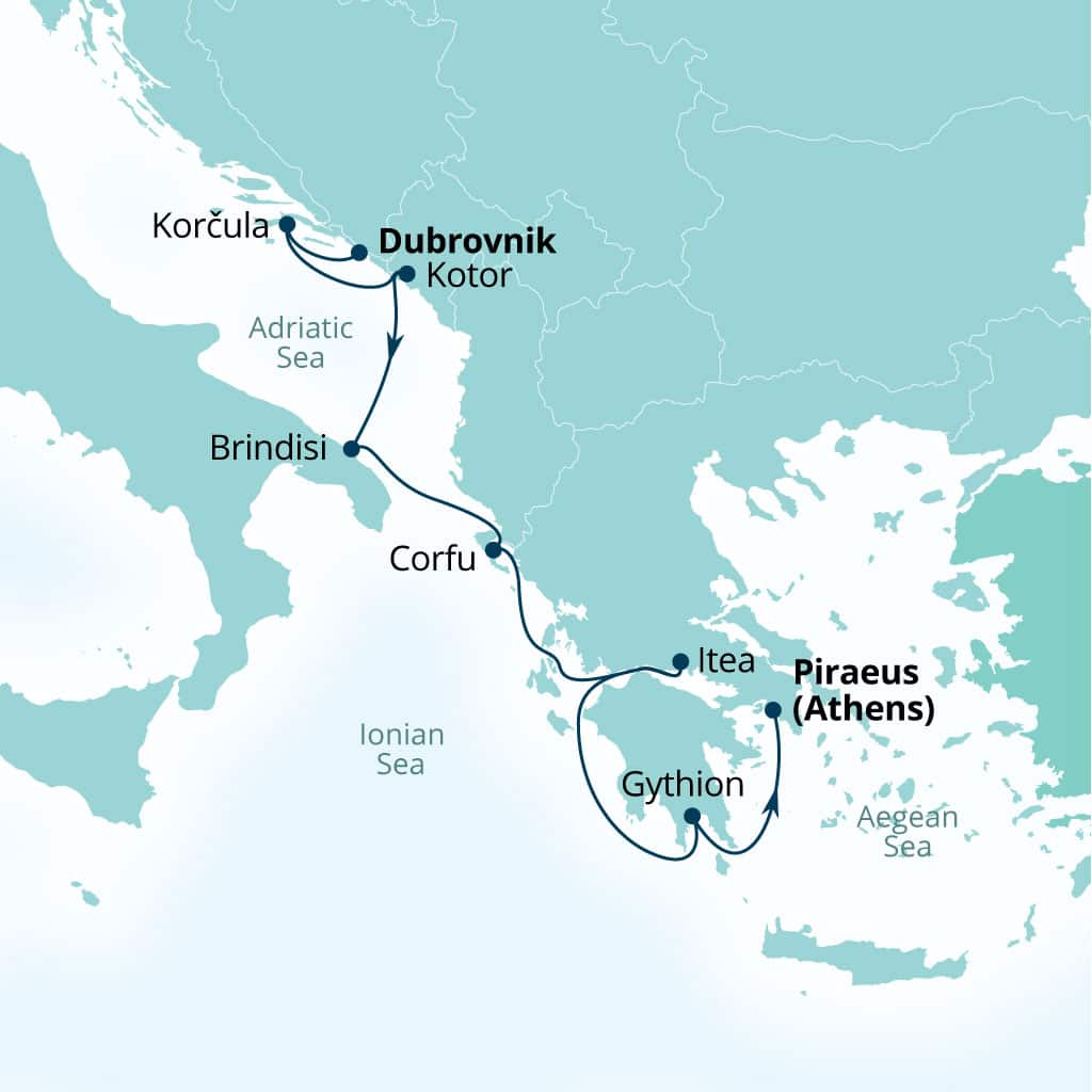 Carte de l’itinéraire Seabourn Ovation, Dubrovnik, Croatie → Le Pirée (Athènes), Grèce