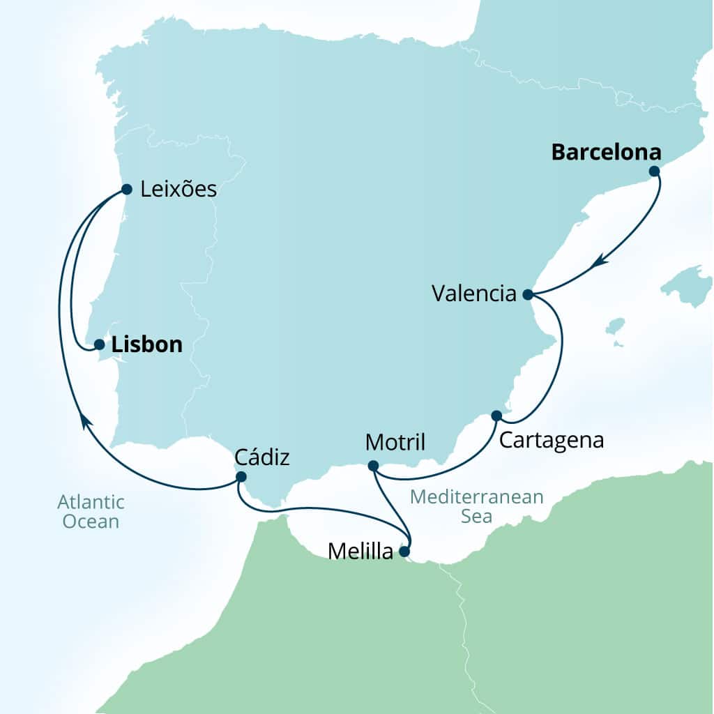 Carte de l’itinéraire Seabourn Ovation, Barcelone, Espagne → Lisbonne, Portugal