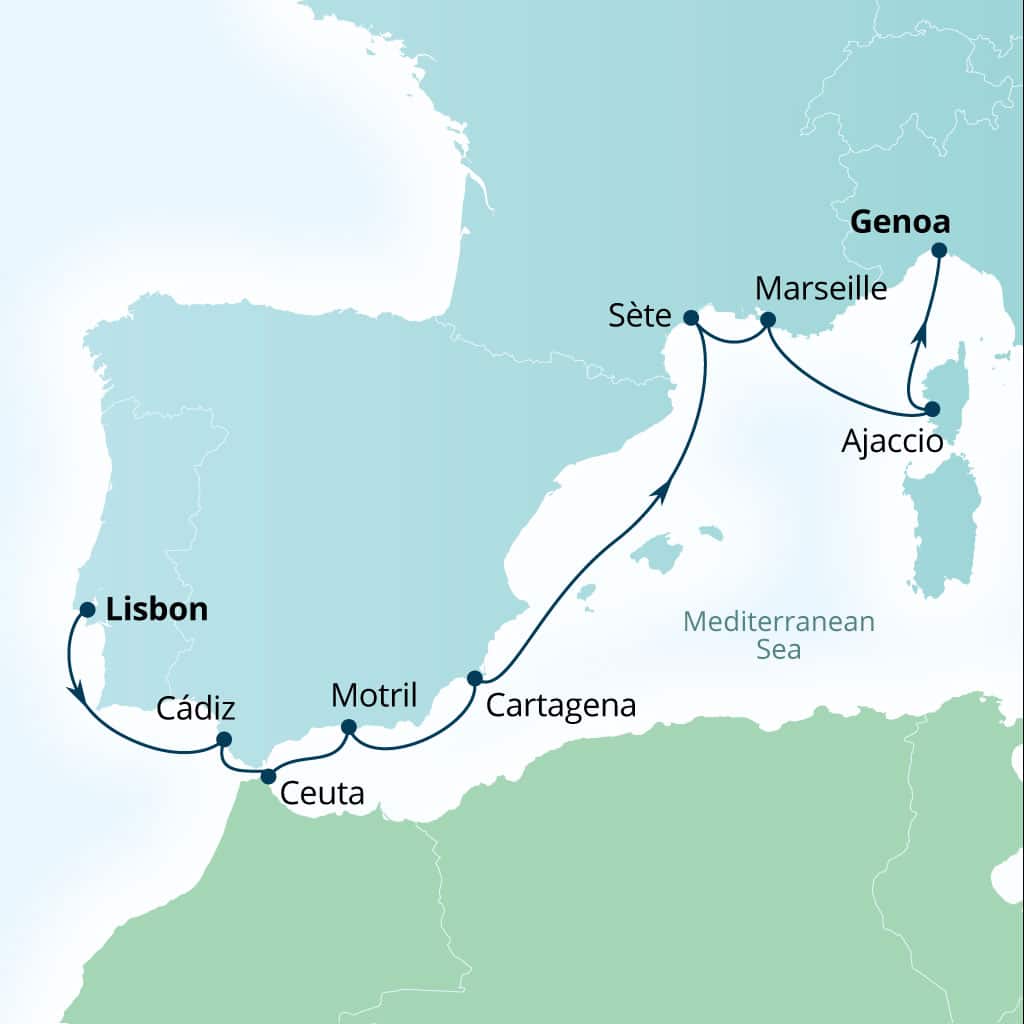 Carte de l’itinéraire Seabourn Ovation, Lisbonne, Portugal → Gênes, Italie