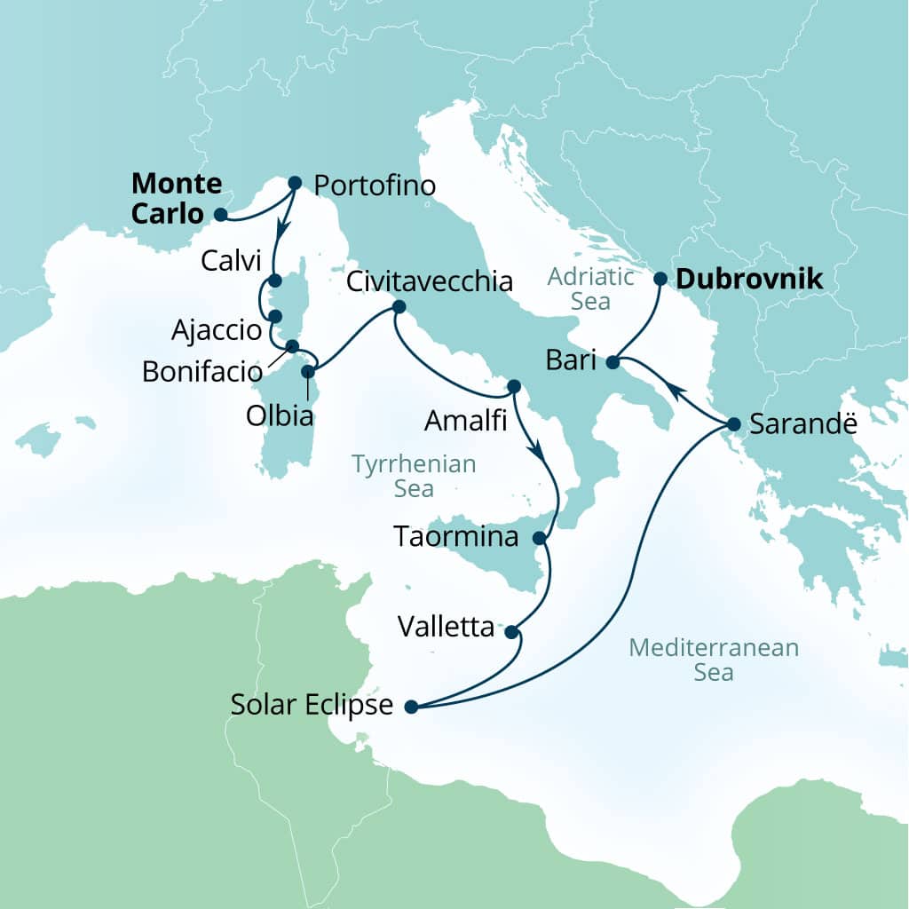Carte de l’itinéraire Seabourn Ovation, Monte Carlo, Monaco → Dubrovnik, Croatie