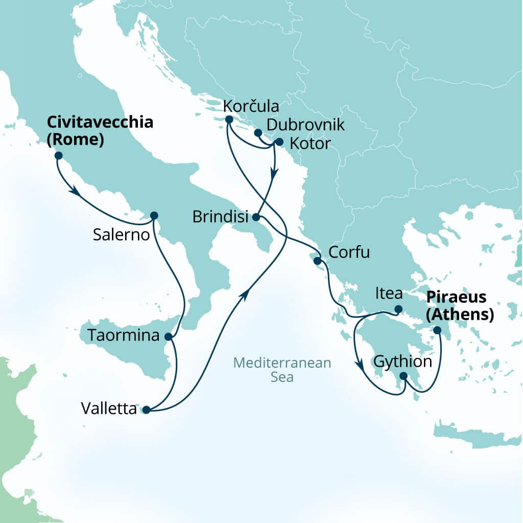 Carte de l’itinéraire Seabourn Ovation, Civitavecchia (Rome), Italie → Le Pirée (Athènes), Grèce