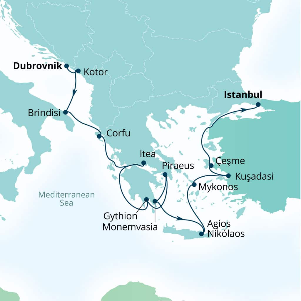 Carte de l’itinéraire Seabourn Ovation, Dubrovnik, Croatie → Istanbul, Turquie