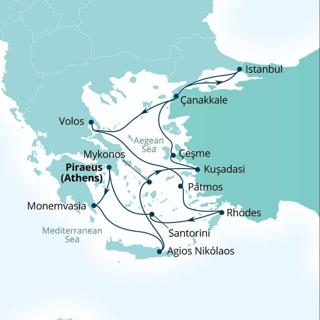 Carte de l’itinéraire Seabourn Ovation, Le Pirée (Athènes), Grèce → Le Pirée (Athènes), Grèce
