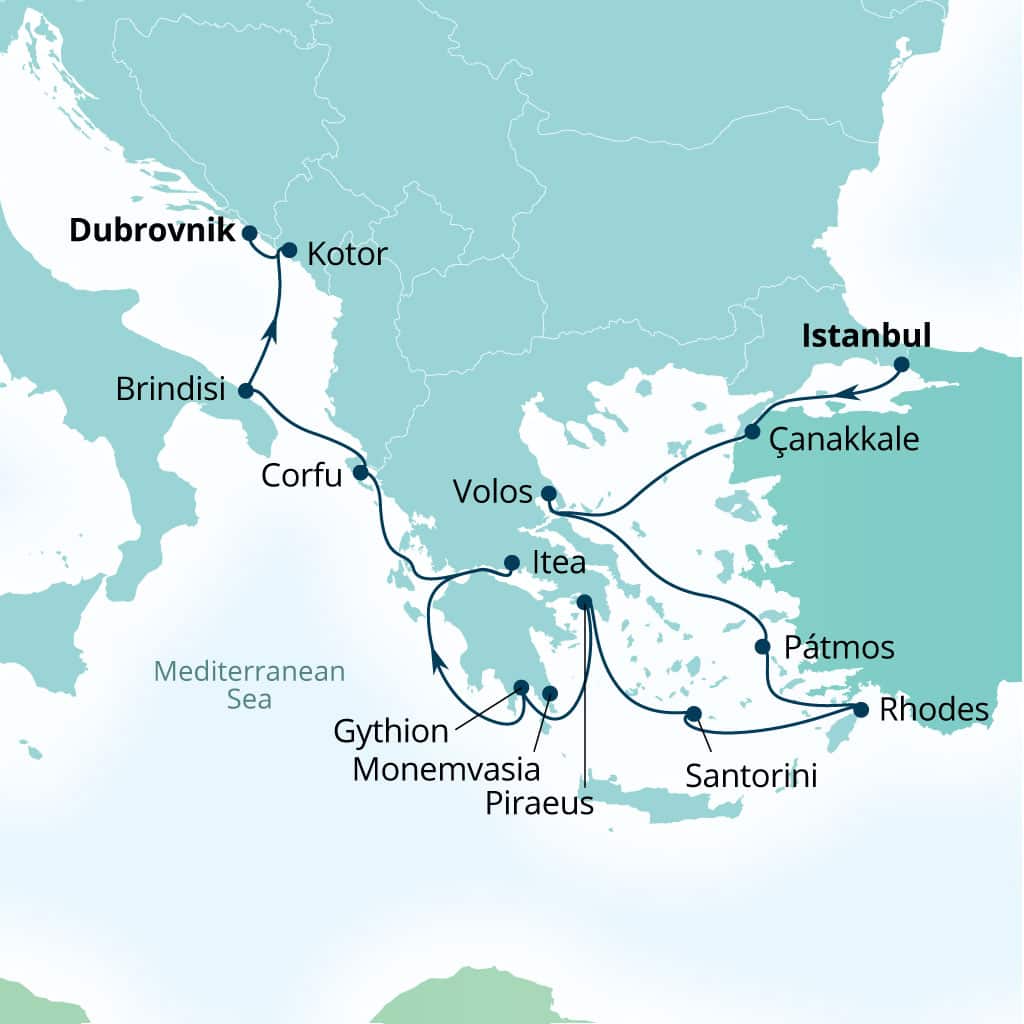 Carte de l’itinéraire Seabourn Ovation, Istanbul, Turquie → Dubrovnik, Croatie