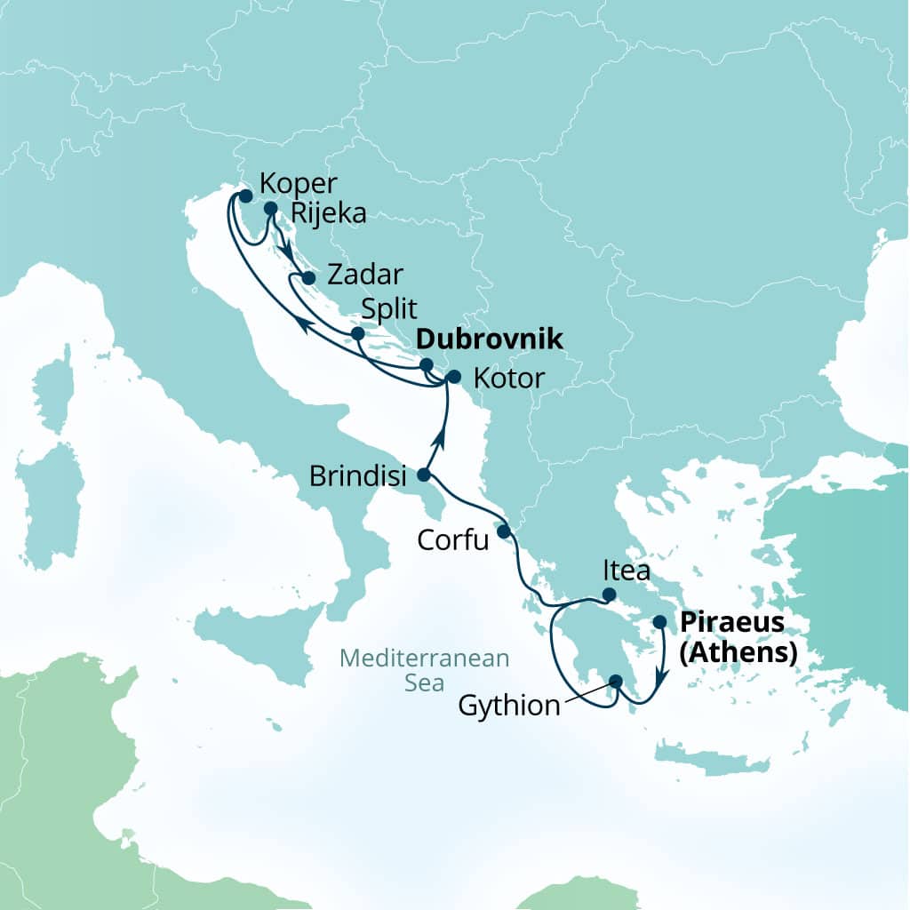 Carte de l’itinéraire Seabourn Ovation, Le Pirée (Athènes), Grèce → Dubrovnik, Croatie