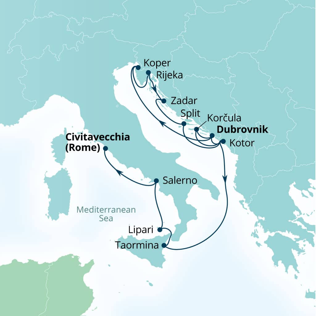 Carte de l’itinéraire Seabourn Ovation, Dubrovnik, Croatie → Civitavecchia (Rome), Italie