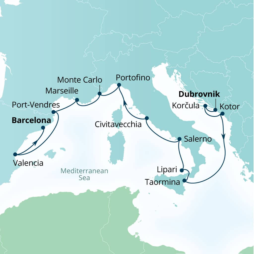 Carte de l’itinéraire Seabourn Ovation, Dubrovnik, Croatie → Barcelone, Espagne