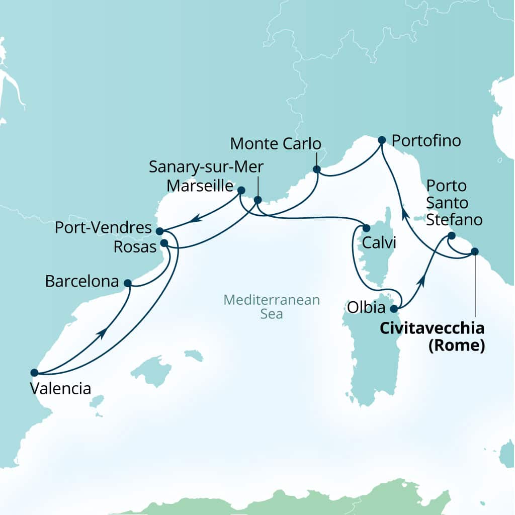 Carte de l’itinéraire Seabourn Ovation, Civitavecchia (Rome), Italie → Civitavecchia (Rome), Italie