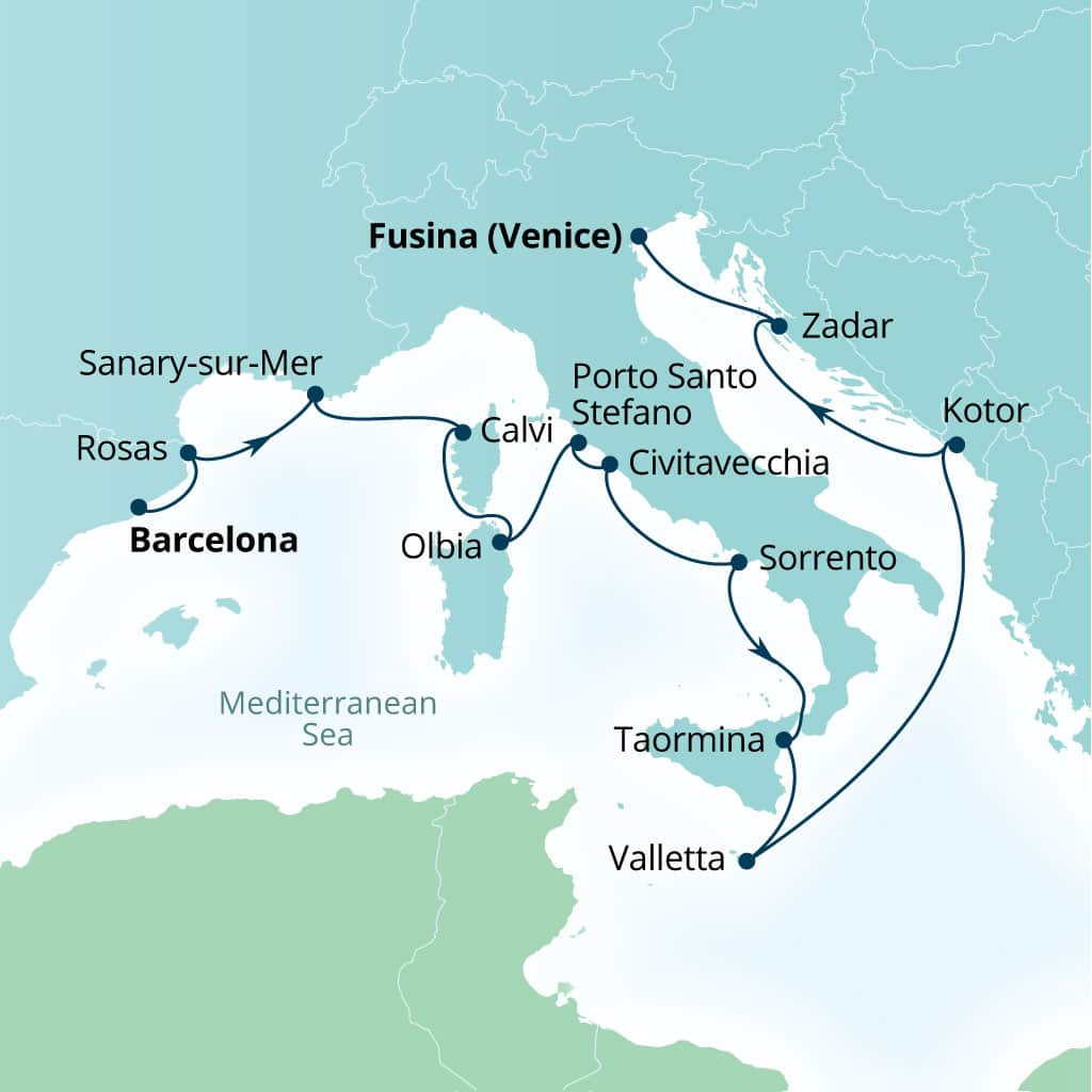 Carte de l’itinéraire Seabourn Ovation, Barcelone, Espagne → Fusina (Venise), Italie