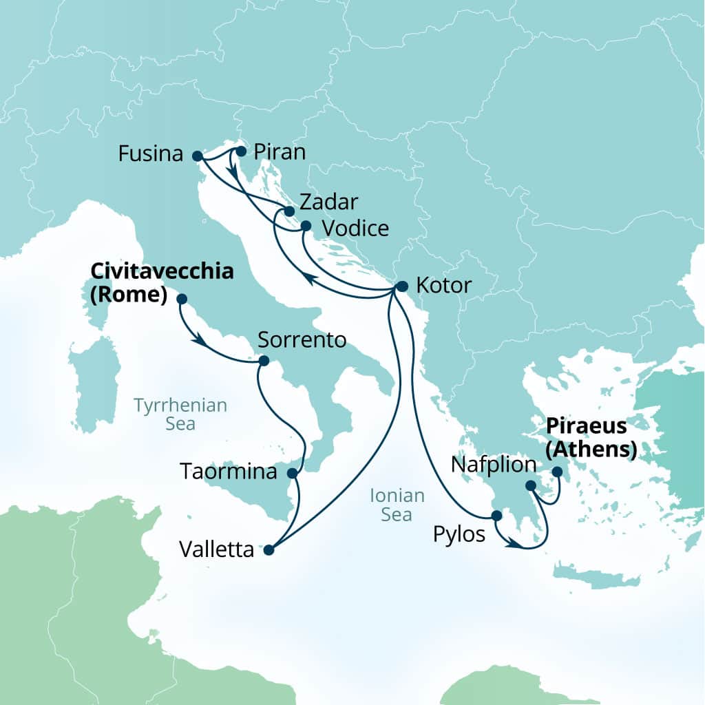 Carte de l’itinéraire Seabourn Ovation, Civitavecchia (Rome), Italie → Le Pirée (Athènes), Grèce
