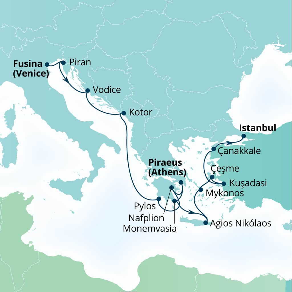 Carte de l’itinéraire Seabourn Ovation, Fusina (Venise), Italie → Istanbul, Turquie