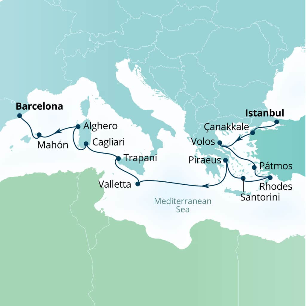 Carte de l’itinéraire Seabourn Ovation, Istanbul, Turquie → Barcelone, Espagne