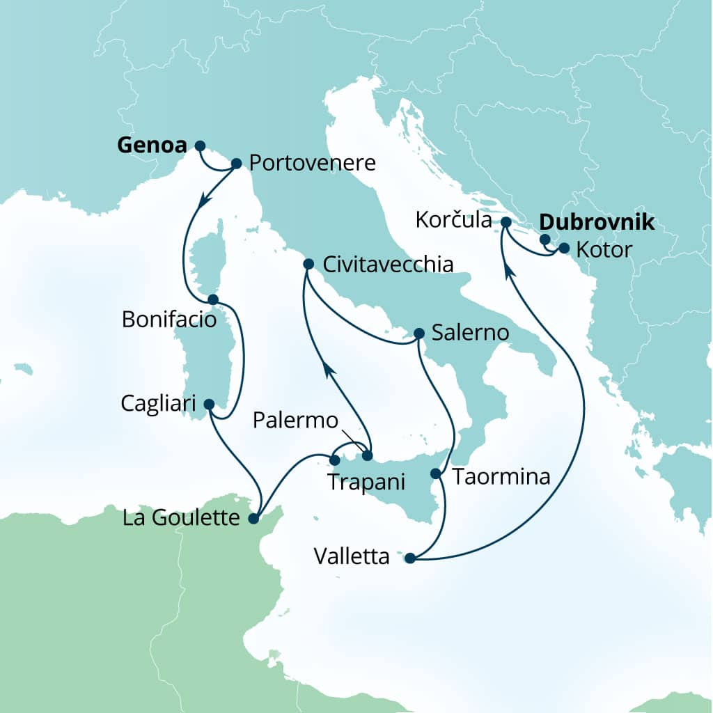 Carte de l’itinéraire Seabourn Ovation, Gênes, Italie → Dubrovnik, Croatie