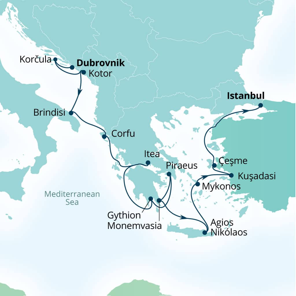 Carte de l’itinéraire Seabourn Ovation, Dubrovnik, Croatie → Istanbul, Turquie