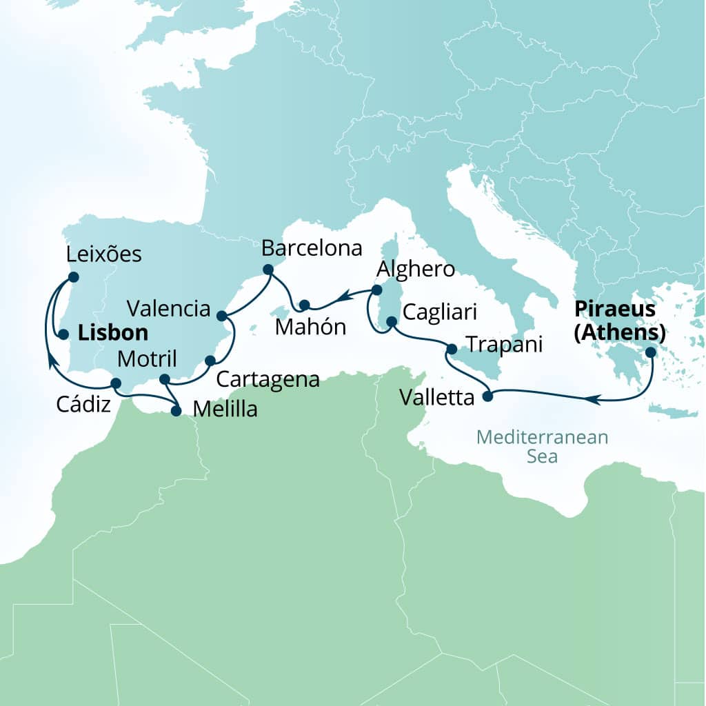 Carte de l’itinéraire Seabourn Ovation, Le Pirée (Athènes), Grèce → Lisbonne, Portugal