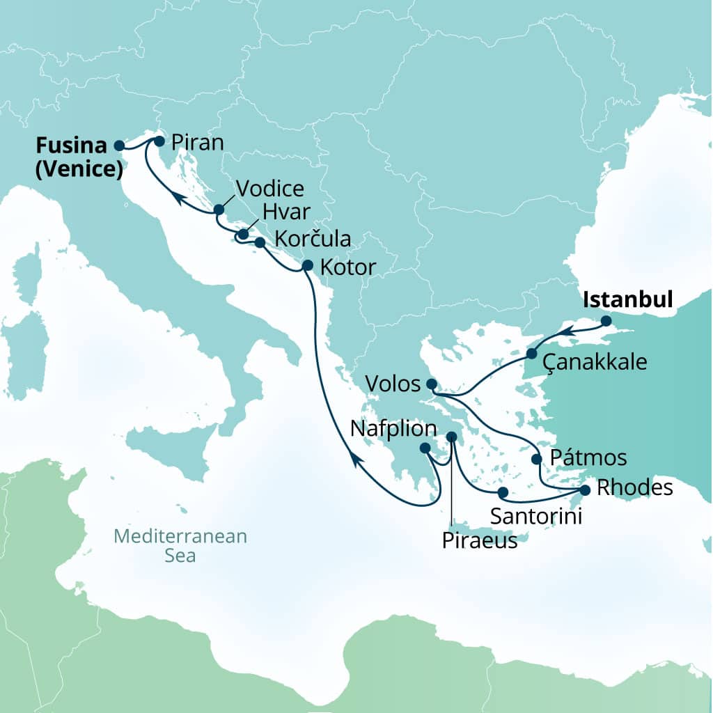 Carte de l’itinéraire Seabourn Ovation, Istanbul, Turquie → Fusina (Venise), Italie