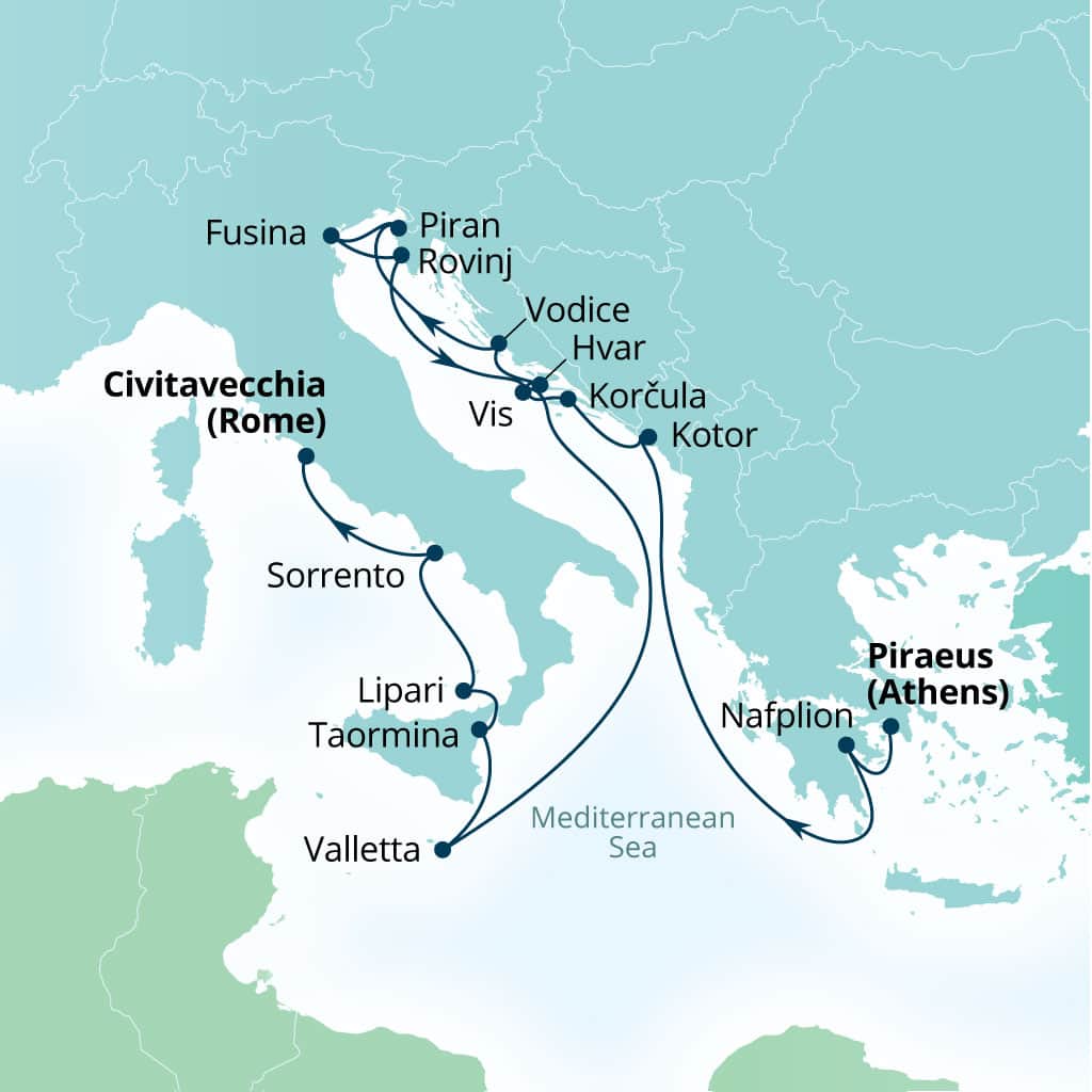 Carte de l’itinéraire Seabourn Ovation, Le Pirée (Athènes), Grèce → Civitavecchia (Rome), Italie