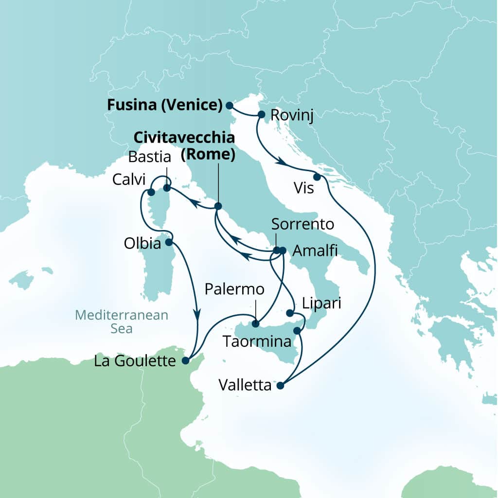 Carte de l’itinéraire Seabourn Ovation, Fusina (Venise), Italie → Civitavecchia (Rome), Italie