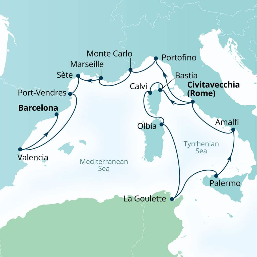 Carte de l’itinéraire Seabourn Ovation, Civitavecchia (Rome), Italie → Barcelone, Espagne