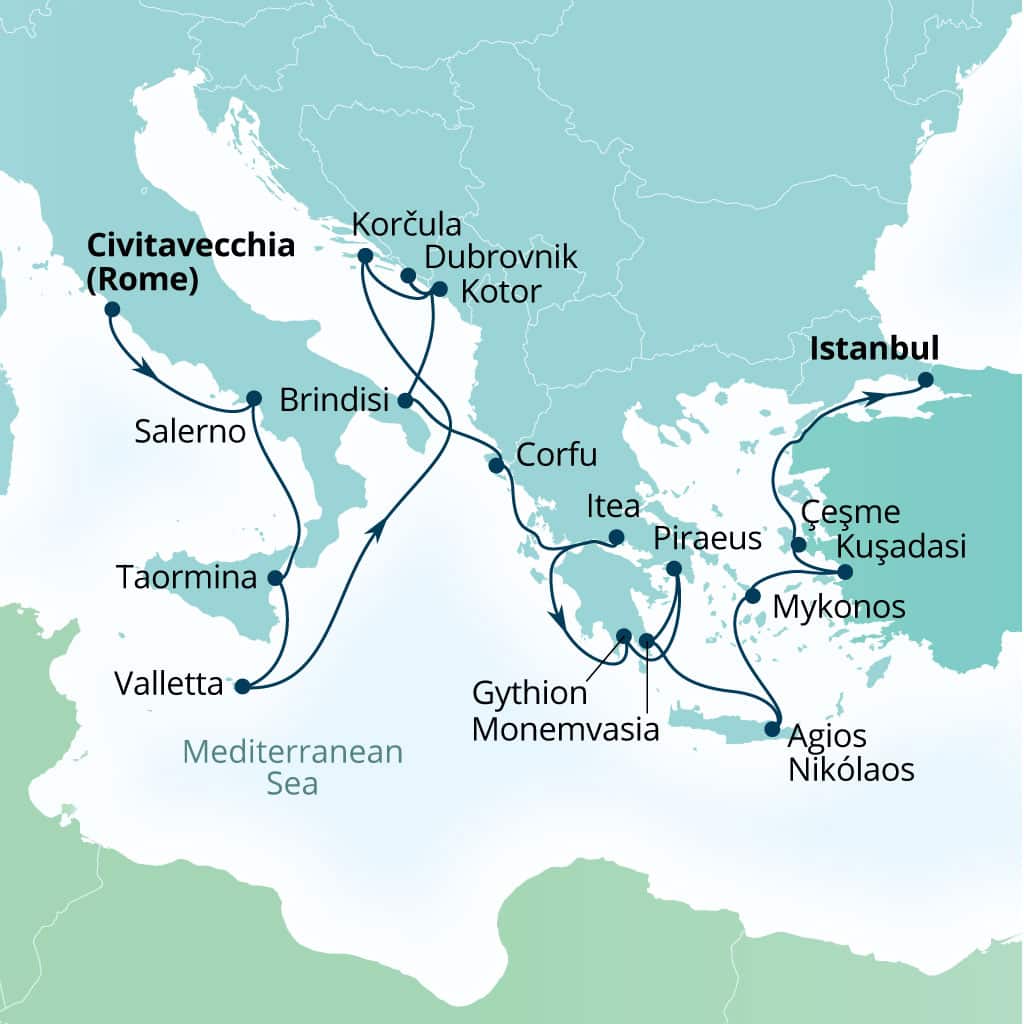 Carte de l’itinéraire Seabourn Ovation, Civitavecchia (Rome), Italie → Istanbul, Turquie