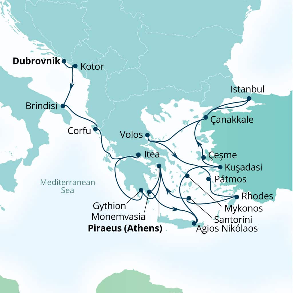 Carte de l’itinéraire Seabourn Ovation, Dubrovnik, Croatie → Le Pirée (Athènes), Grèce