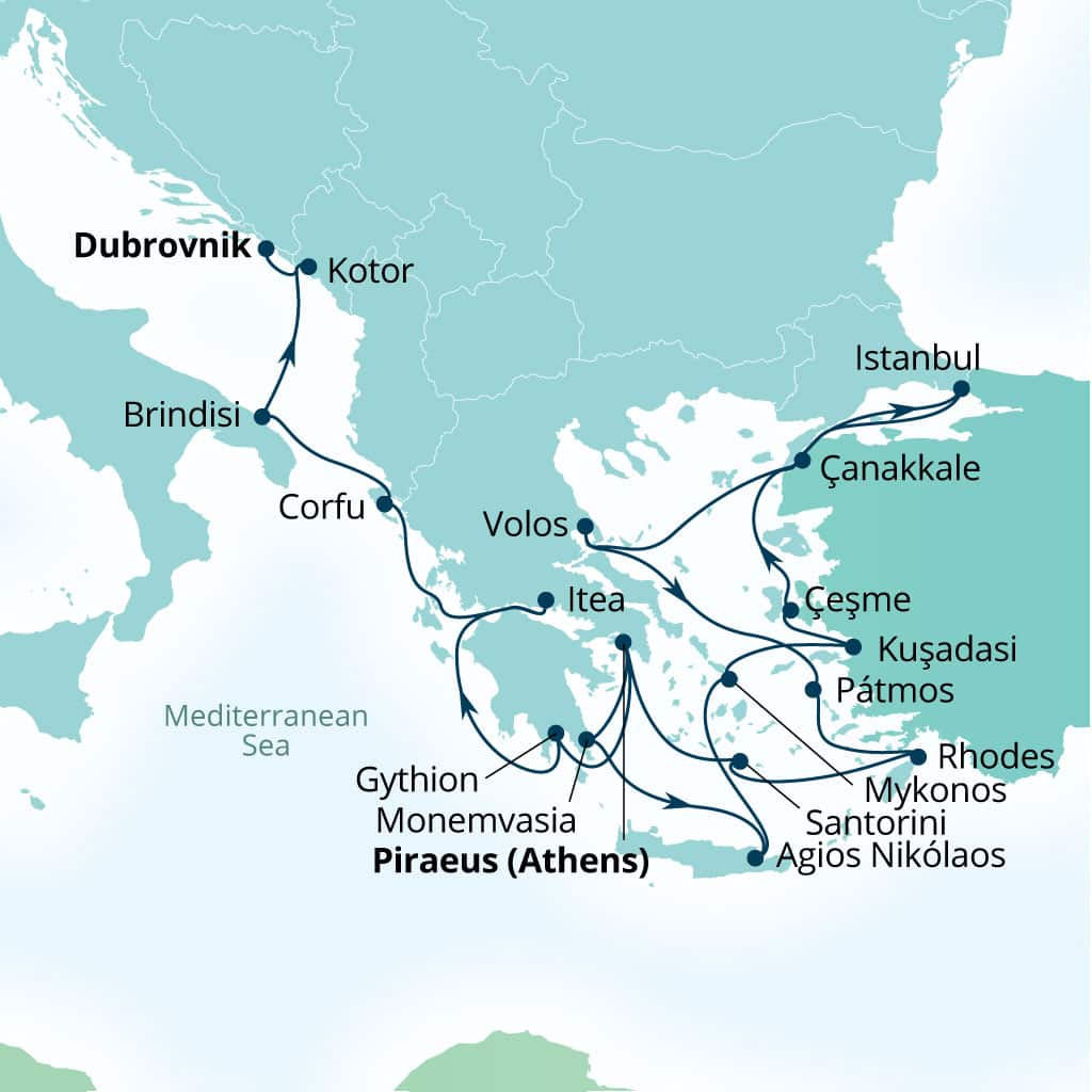 Carte de l’itinéraire Seabourn Ovation, Le Pirée (Athènes), Grèce → Dubrovnik, Croatie