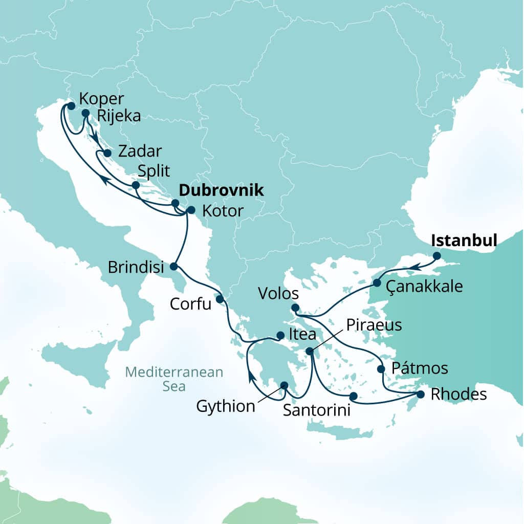 Carte de l’itinéraire Seabourn Ovation, Istanbul, Turquie → Dubrovnik, Croatie