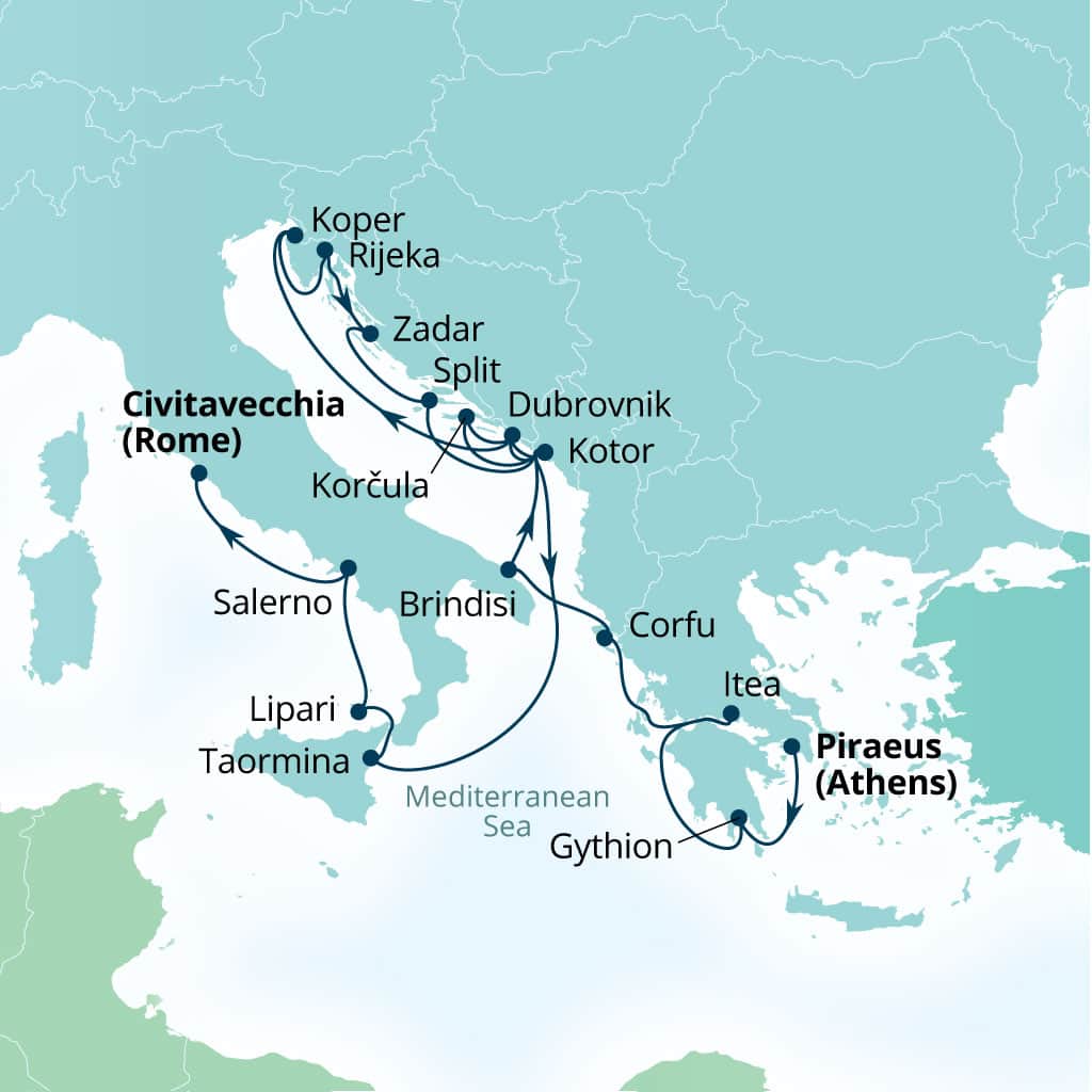 Carte de l’itinéraire Seabourn Ovation, Le Pirée (Athènes), Grèce → Civitavecchia (Rome), Italie