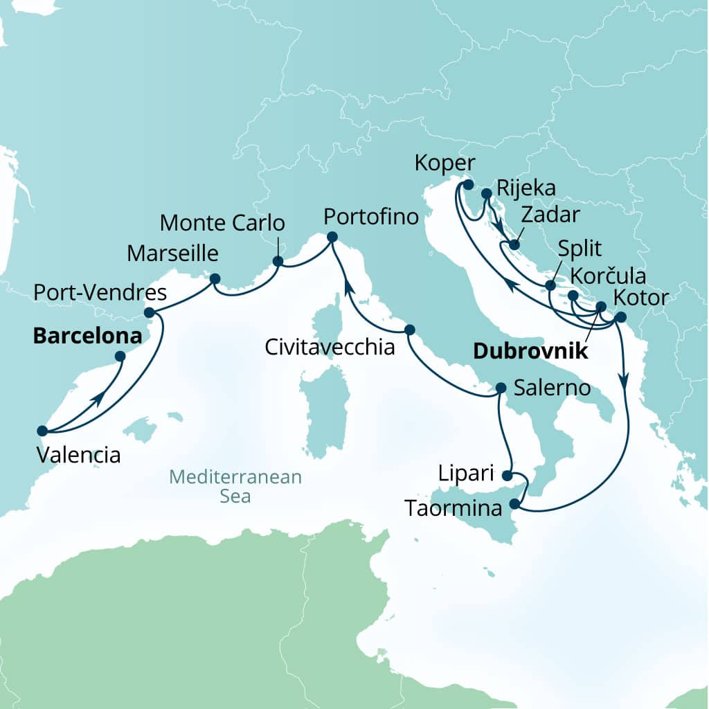 Carte de l’itinéraire Seabourn Ovation, Dubrovnik, Croatie → Barcelone, Espagne