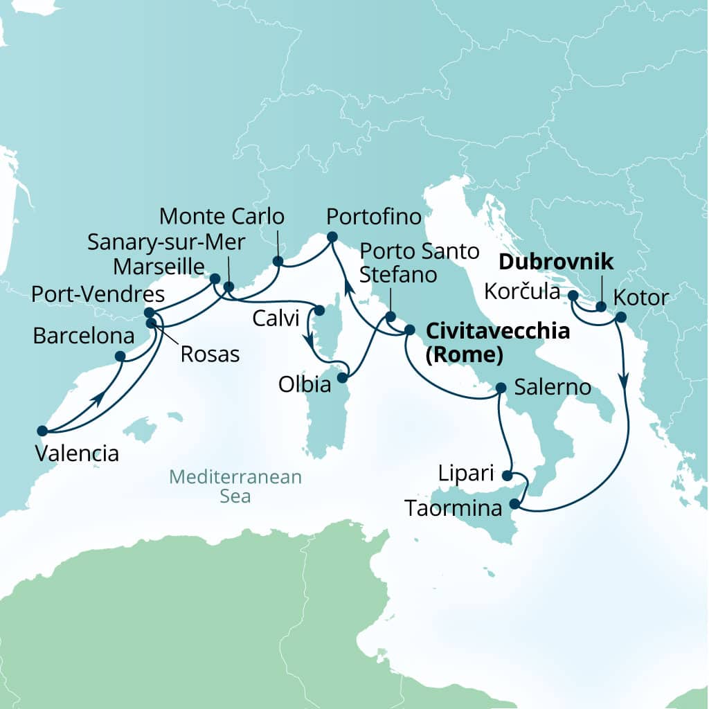 Carte de l’itinéraire Seabourn Ovation, Dubrovnik, Croatie → Civitavecchia (Rome), Italie