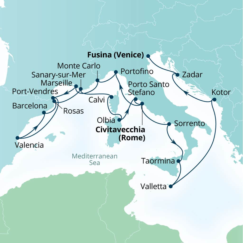 Carte de l’itinéraire Seabourn Ovation, Civitavecchia (Rome), Italie → Fusina (Venise), Italie