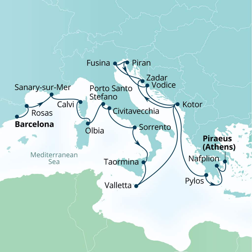Carte de l’itinéraire Seabourn Ovation, Barcelone, Espagne → Le Pirée (Athènes), Grèce