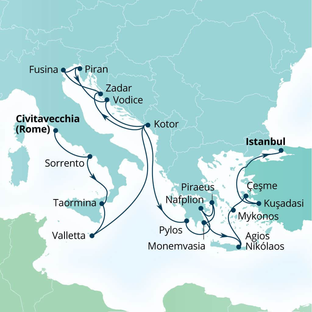 Carte de l’itinéraire Seabourn Ovation, Civitavecchia (Rome), Italie → Istanbul, Turquie