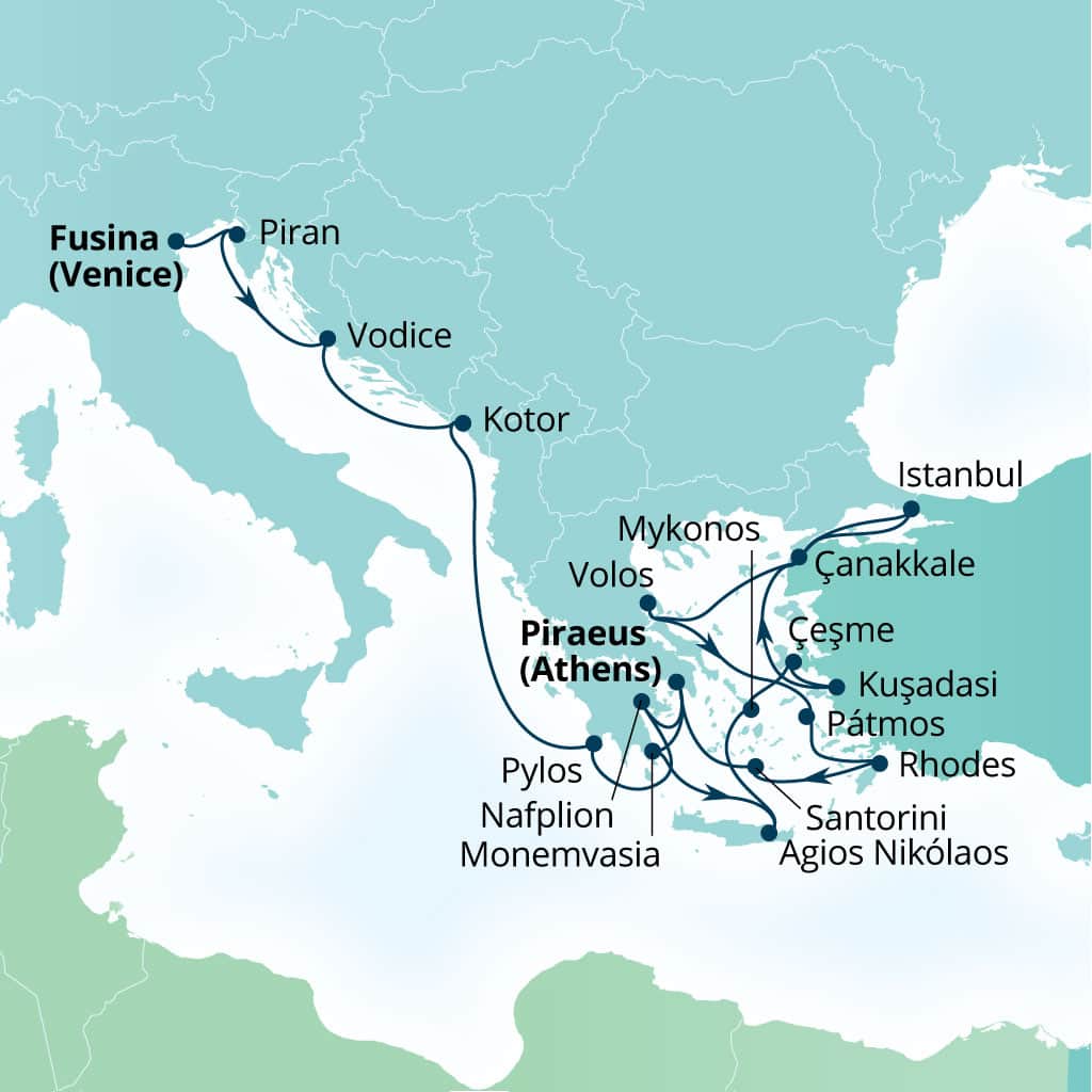 Carte de l’itinéraire Seabourn Ovation, Fusina (Venise), Italie → Le Pirée (Athènes), Grèce