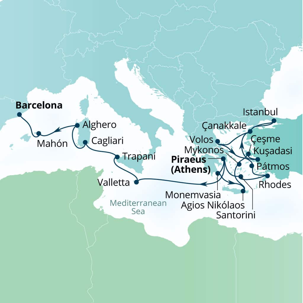 Carte de l’itinéraire Seabourn Ovation, Le Pirée (Athènes), Grèce → Barcelone, Espagne