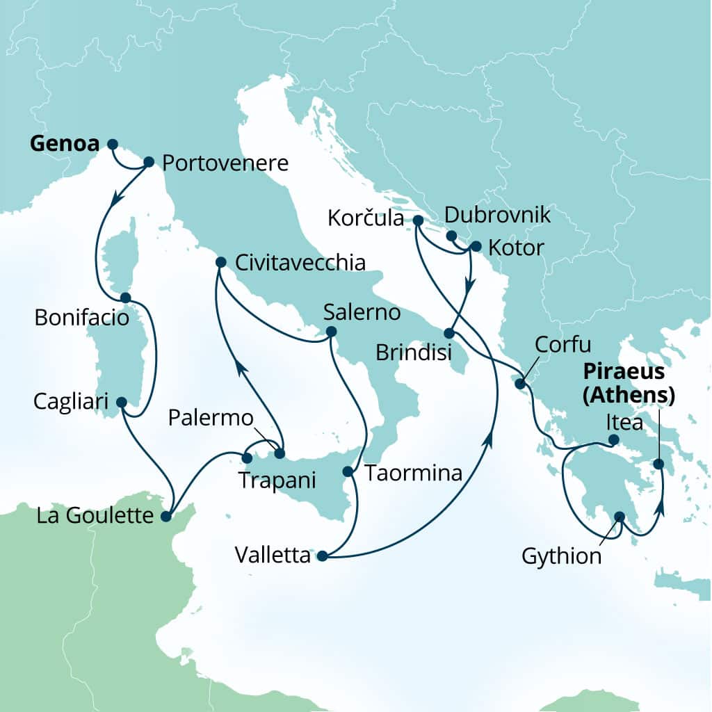 Carte de l’itinéraire Seabourn Ovation, Gênes, Italie → Le Pirée (Athènes), Grèce
