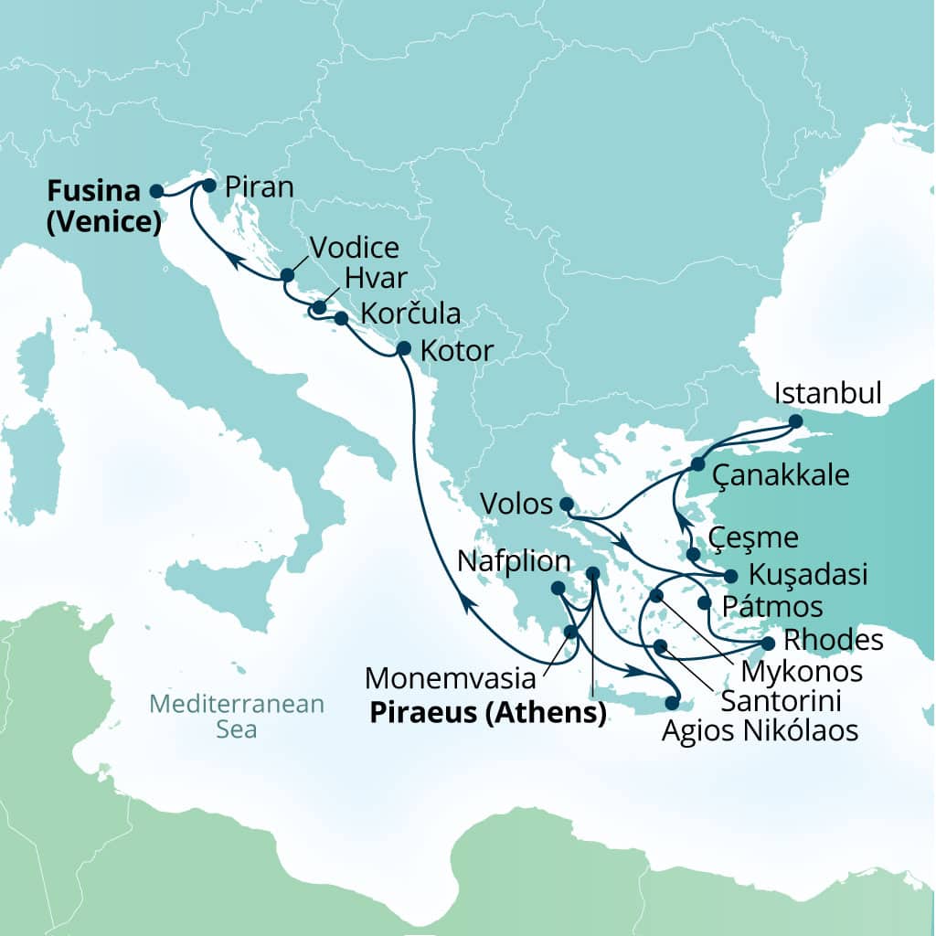 Carte de l’itinéraire Seabourn Ovation, Le Pirée (Athènes), Grèce → Fusina (Venise), Italie