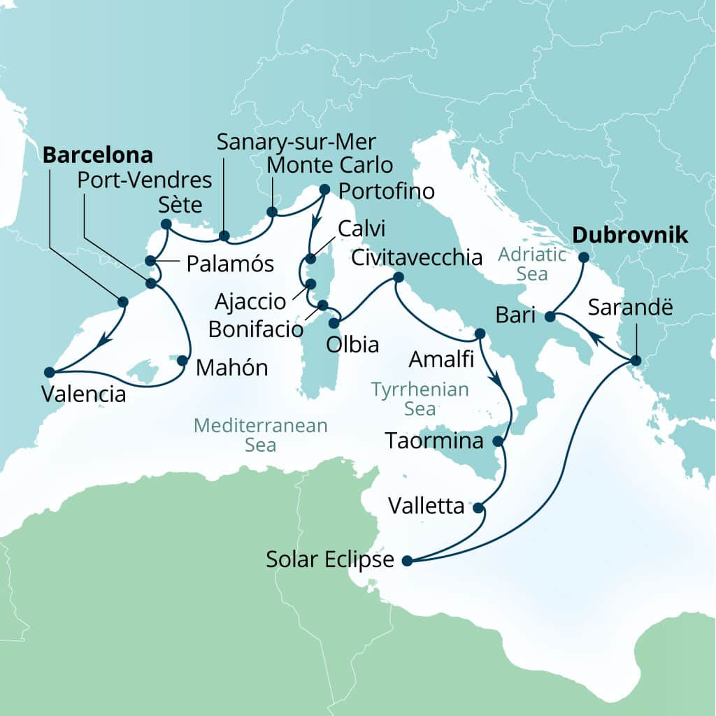 Carte de l’itinéraire Seabourn Ovation, Barcelone, Espagne → Dubrovnik, Croatie