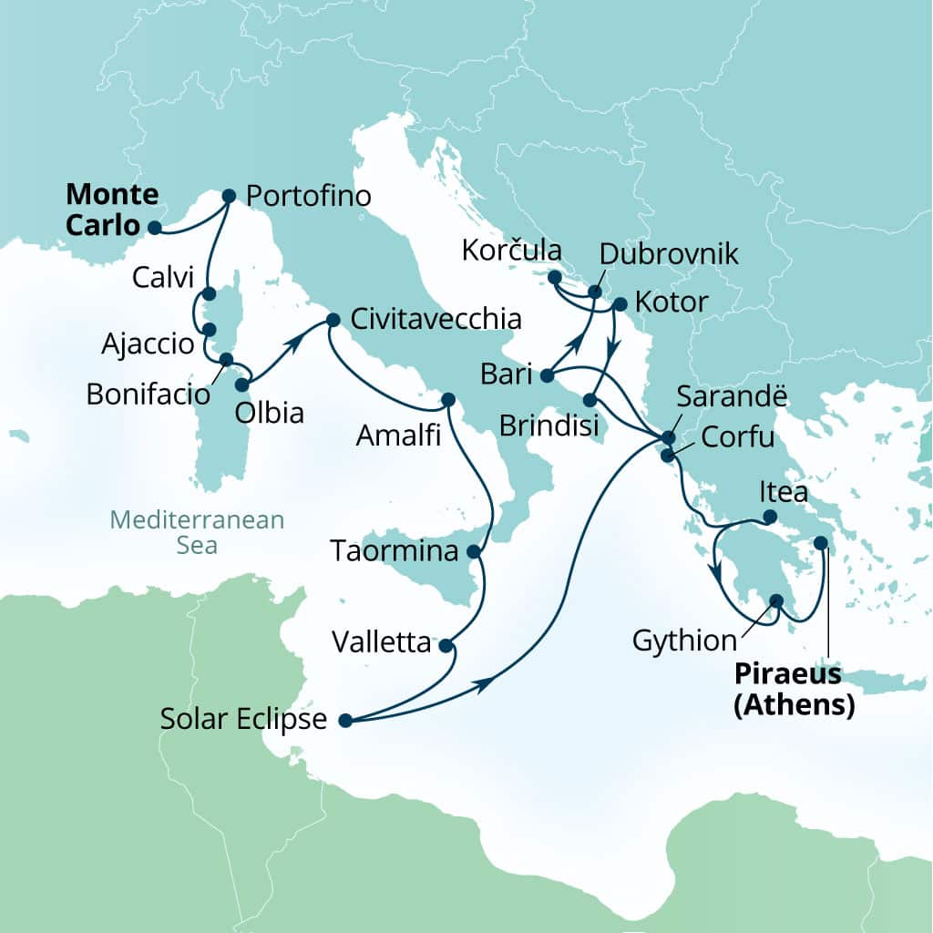 Carte de l’itinéraire Seabourn Ovation, Monte Carlo, Monaco → Le Pirée (Athènes), Grèce