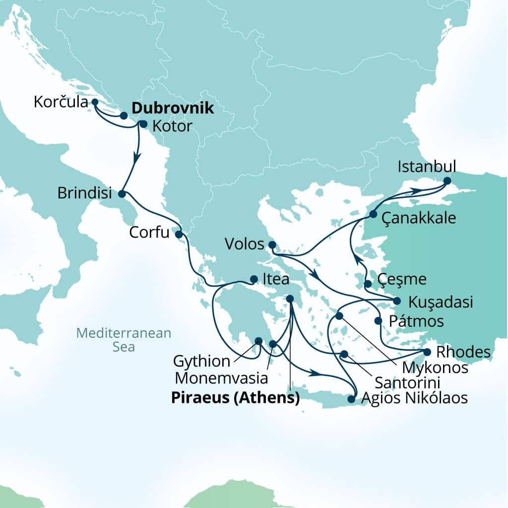 Carte de l’itinéraire Seabourn Ovation, Dubrovnik, Croatie → Le Pirée (Athènes), Grèce