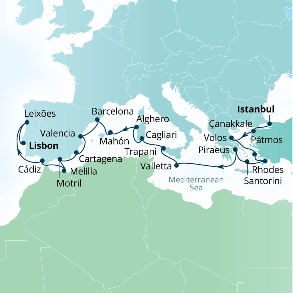 Carte de l’itinéraire Seabourn Ovation, Istanbul, Turquie → Lisbonne, Portugal
