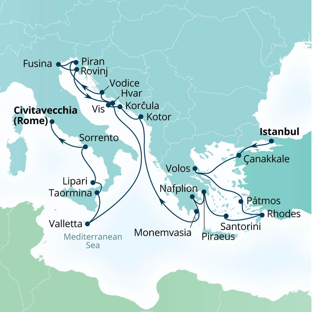 Carte de l’itinéraire Seabourn Ovation, Istanbul, Turquie → Civitavecchia (Rome), Italie