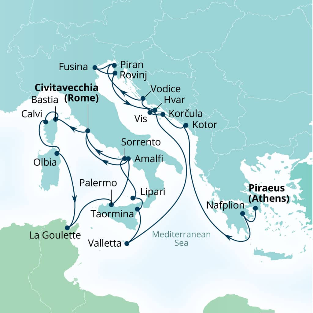 Carte de l’itinéraire Seabourn Ovation, Le Pirée (Athènes), Grèce → Civitavecchia (Rome), Italie