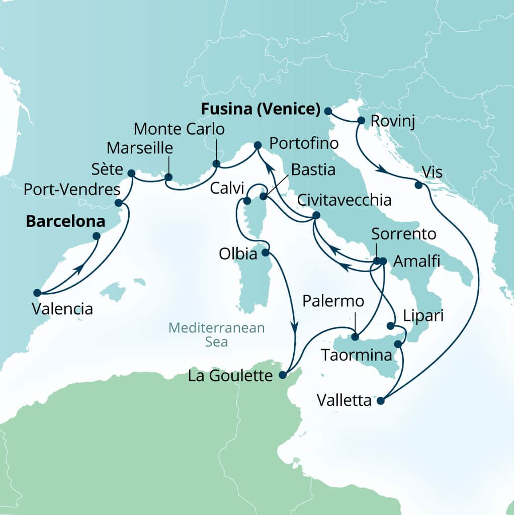 Carte de l’itinéraire Seabourn Ovation, Fusina (Venise), Italie → Barcelone, Espagne